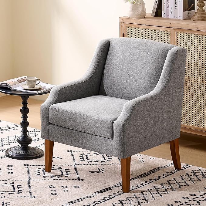 Accent Chair for Living Room,No Assembly Upholstered Mid Century Modern Comfy Tufted Armchairs with Wooden Legs,Sofa Chairs for Bedroom, Reading Waiting Room Apartment Grey