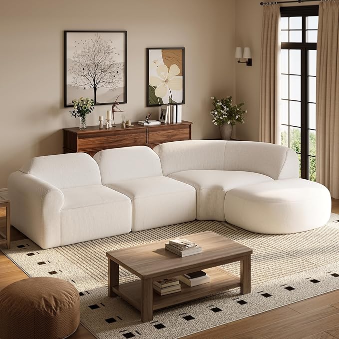 Merax Modern Curved Sectional Sofa with Ottoman, Couch 4-Piece Set High-Density Compressed Sponge, Fully Assembled, Right Hand Facing, Plush Deep Seat for Living Room, Lounge, Apartment, Beige