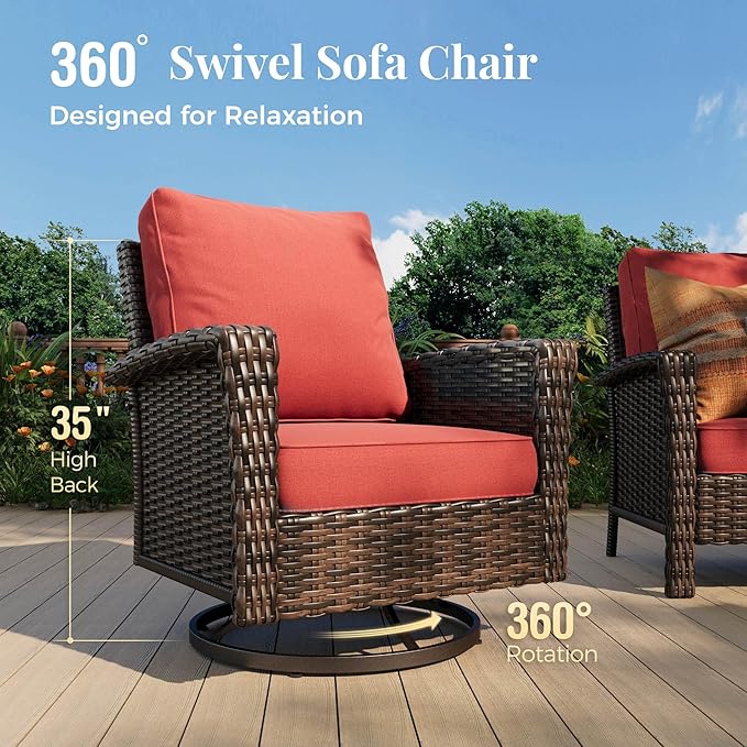 6-Piece Wicker Patio Furniture Set with Swivel Chairs, High Back Outdoor Furniture with Fire Pit Table and Ottoman, All-Weather Wicker Patio Conversation Set for Deck Yard Pool,Red