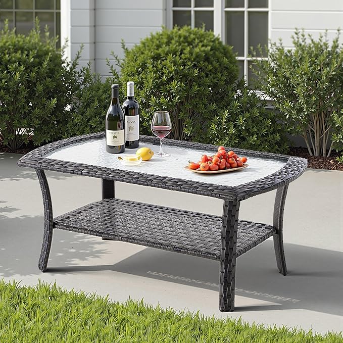 2 Pieces Wicker Patio Furniture Loveseat with Table - Outdoor Rattan Patio Bistro Set of 2,All-Weather PE Wicker Conversation Sofa High Back Deep Seating for Deck Porch Yard,Beige
