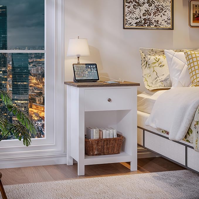 ChooChoo Farmhouse Nightstand with Charging Station, Wooden Top Bedside End Table with Drawer and Storage Space for Bedroom, White - Image 6