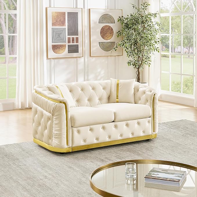 KEIKI 63" Luxury Oversized Velvet Chesterfield Sofa with 2 Pillow & Gold Stainless Decoration, Italian Modern Style 2-Seater Button Tufted Couch with Rolled Arms, Easy Assembly, for Living Room, Beige