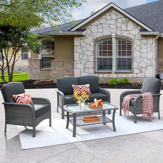 ovios 4-Piece Patio Furniture Set, Outdoor Wicker Sofa with Chairs Coffee Table, High Back Rattan Couch Loveseat with Comfy Cushions for Porch Yard Deck, Black