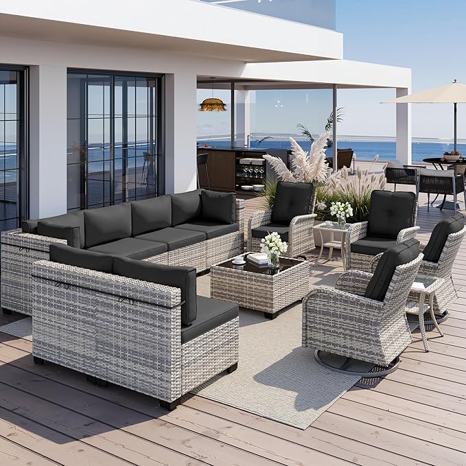 13-Piece Outdoor Patio Furniture Set with Rocking Swivel Chair, Wicker Rattan Sectional Sofa Conversation Set with Tempered Glass Table, Backyard Furniture, Dark Grey