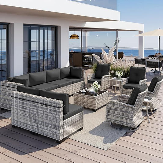 13-Piece Outdoor Patio Furniture Set with Rocking Swivel Chair, Wicker Rattan Sectional Sofa Conversation Set with Tempered Glass Table, Backyard Furniture, Dark Grey