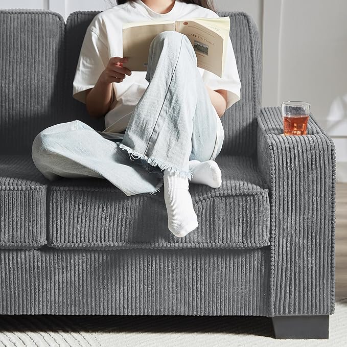 83" Modern Cloud Sofas for Living Room Bedroom, 3 Seat Modular Couch Soft Corduroy Upholstered Loveseat Couches with Cupholders for Home Apartment Office Studio