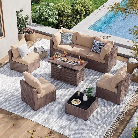 Aoxun 8 Piece Patio Furniture Set with 44” Fire Pit Table, Wicker Rattan Patio Sectional Sofa, Outdoor Furniture Set with Thickened Cushion, Light Gray