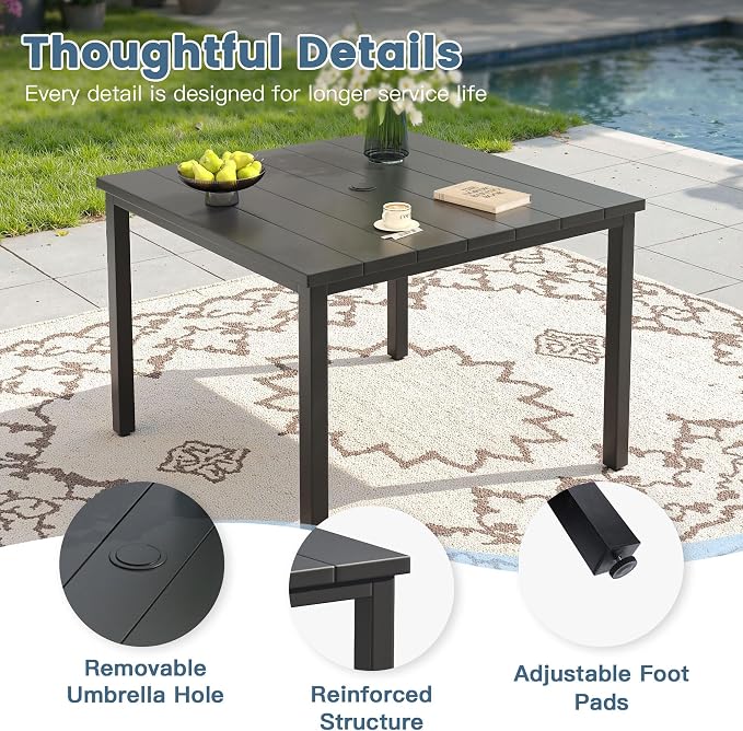 DIFY 5 Pieces Outdoor Patio Dining Set for 4, 40.2" Black Square Metal Dining Table and 4 Grey Stackable Textilene Patio Chairs, Outdoor Table and Chairs for Backyard Garden Poolside - Image 2
