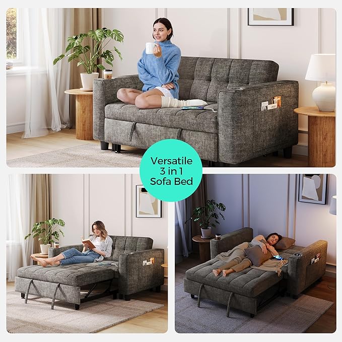 LINSY 54" Pull Out Couch with Charging Station, Small Sleeper Sofa Bed with Cup Holder, 3 in 1 Convertible Loveseat Sleeper Couch for Apartment, Dorm Room, Bedroom and Small Space, Gray