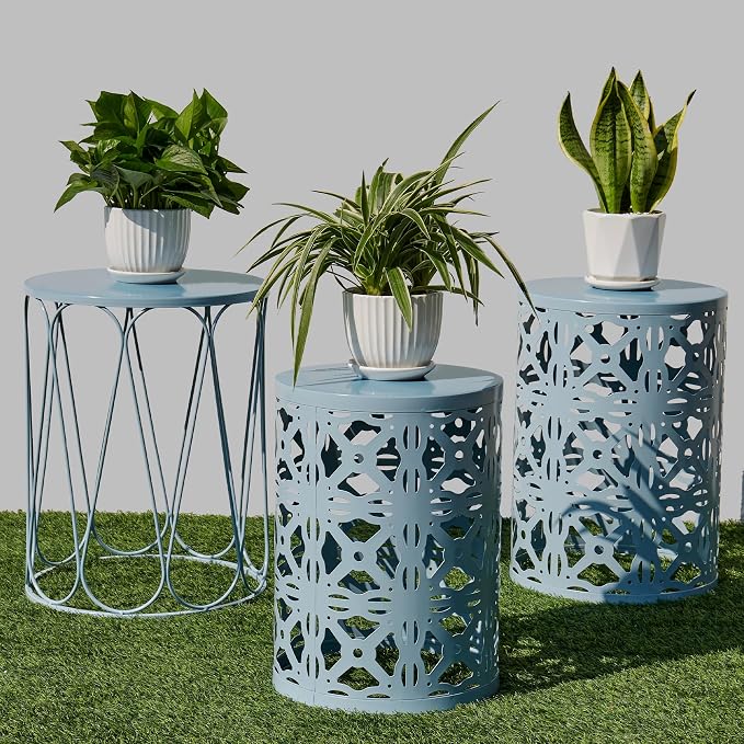 Y&M Set of 3 Heavy-Duty Round End Table, Side Table, Coffee Table for Indoor Multifunctional Use, Outdoor Decorative Garden Stool Plant Stand-Blue by YM