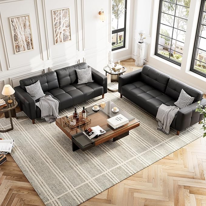 GarveeHome 3-Seater Sofa Couch, 83" Wide Faux Leather Sofa Couch with Spring Cushion, Modern Sofa with Deep Seats and 2 Removable Back Cushions, for Living Room, Apartment, Office, Modern Black