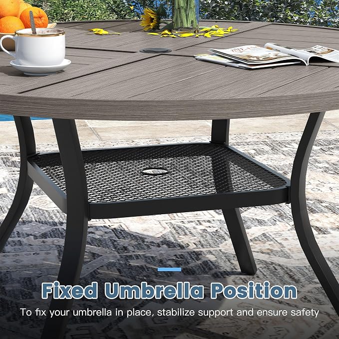 DIFY 5 Pieces Outdoor Patio Dining Set for 4, 40.6" Grey Wood-Like Round Metal Dining Table and 4 Sandshell Stackable Sling Dining Chairs, Outdoor Table and Chairs for Lawn Garden Backyard Deck - Image 4