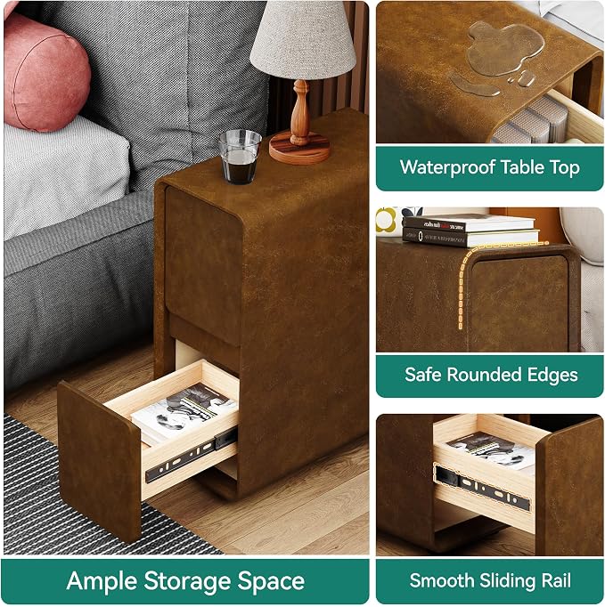 7.8" W Faux Leather Narrow Nightstand, Modern Fully-Assembled Bedside Table with 2 Drawers, Wood Night Stand Small Accent End Table & Side Table for Bedroom, Brown - Image 6