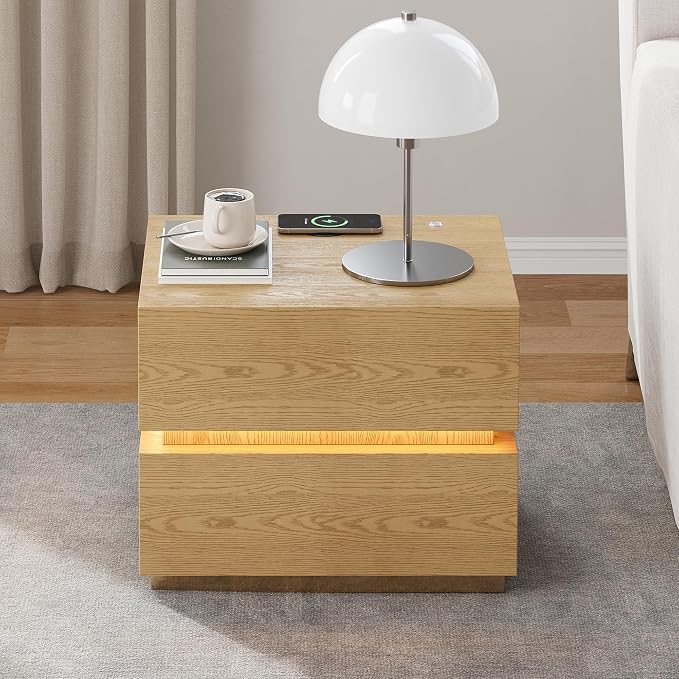 homary Smart Nightstand Set of 2 with Wireless Charging Station, USB & Type-C Ports, LED Light, 2 Drawers – Modern Natural Bedside Table for Bedroom Storage - Image 8
