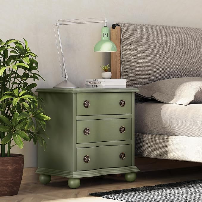 COZAYH Farmhouse 3 Drawer Nightstand with Distressed Wood Finish, Rustic Vintage Small Dresser with Curved Front Design, Solid Pine Base for Bedroom, Almost Fully Assembled, Transitional, Green - Image 6