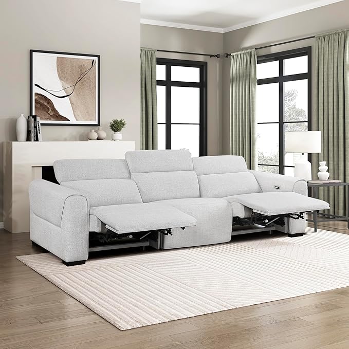 Lexicon Power Reclining Sectional Couches for Living Room-Modular Sectional Sofa, Wall Hugger, 3 Recliner Seats, Power Headrests, Charging Ports, 3 Seater Couch, Chenille Cloud