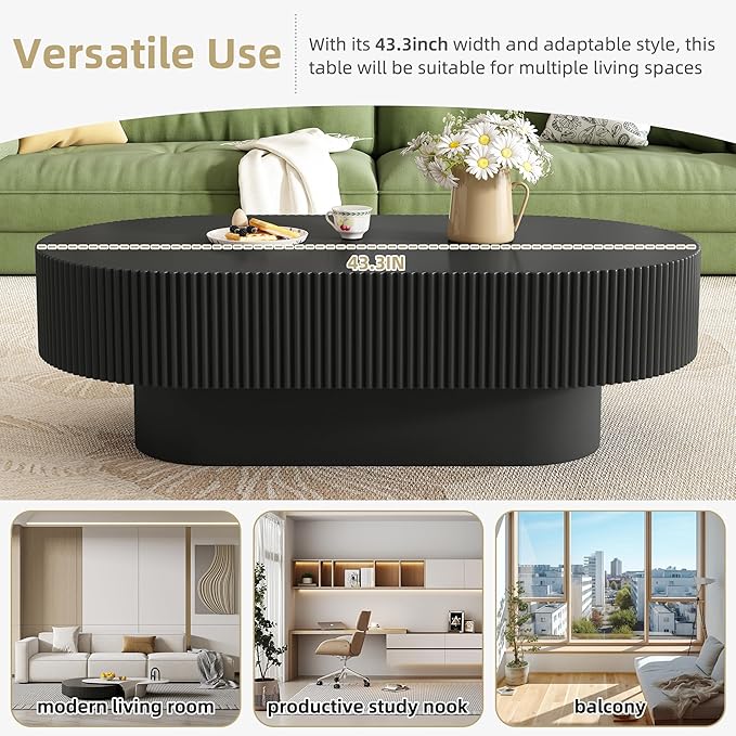 Merax Modern Oval Coffee Table with Sturdy Base, Wood Minimalist Fluted Center End Tables for Living Room Reception Room, Easy Assemble,Black