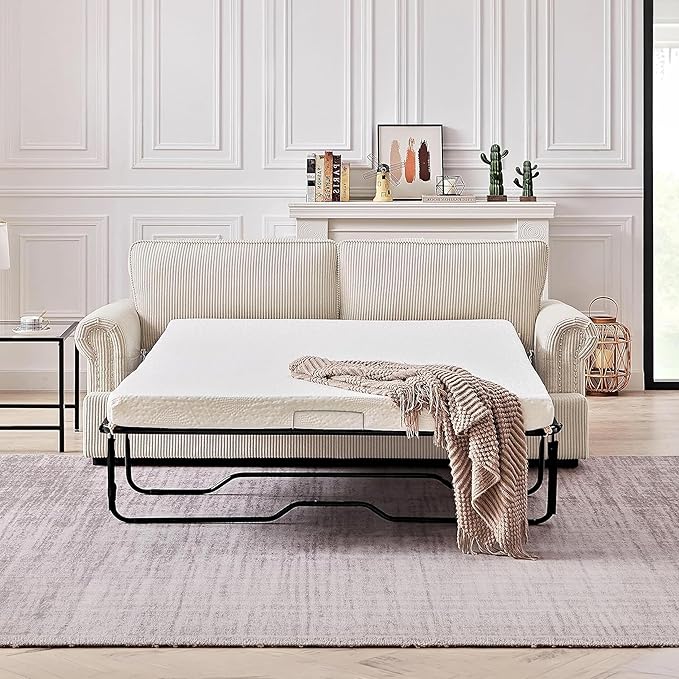 Reversible Sleeper Sofa Bed with Comfortable Memory Foam Mattress, Convertible Corduroy Full Size Pull Out Couch for Living Room, Space Saving Furniture, 76" Wide, Rounded Arms, Ivory