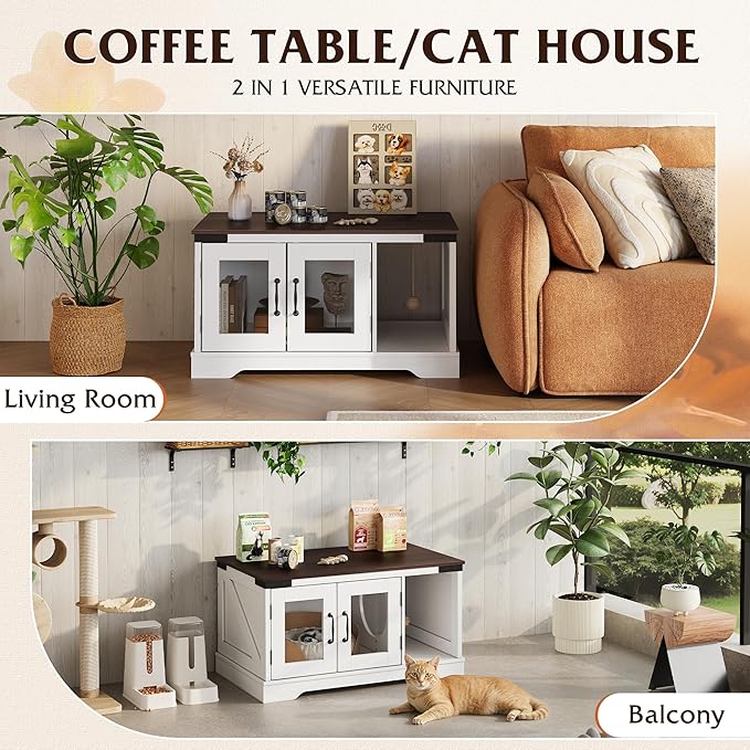 WLIVE Coffee Table with Storage, 2-in-1 Modern Center Table Cat House Furniture with Cat Teaser for Living Room, Home, White