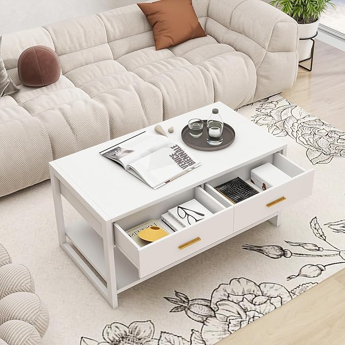 Coffee Table with Sensor Light - Modern Storage Coffee Table with Drawers and Shelf for Living Room, Office, Outdoor