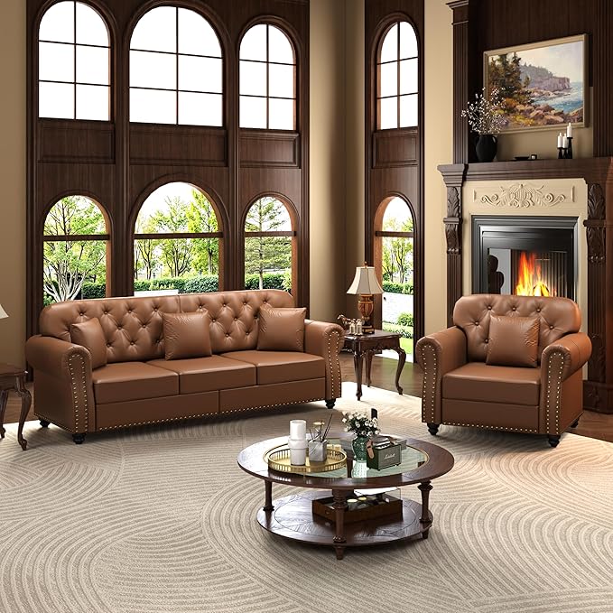 KEIKI 2-Piece Chesterfield Sofa Set with 1 Faux Leather 3-Seater Sofa & 1 Single Sofa, Upholstered 4-Seater Couch Set with Nailhead Trim & Rolled Arms & 1 Ottoman & 4 Pillow, for Living Room, Brown
