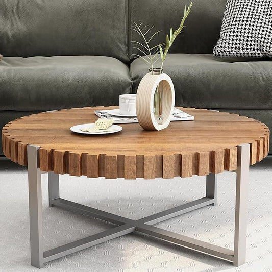 Modern Wood Round Coffee Table for Living Room, Farmhouse 31.5" Modern Compact Coffee Table, Wood Gear Table Top with Cross Metal Base, Drum Center Table for Living Room Apartment, Walnut