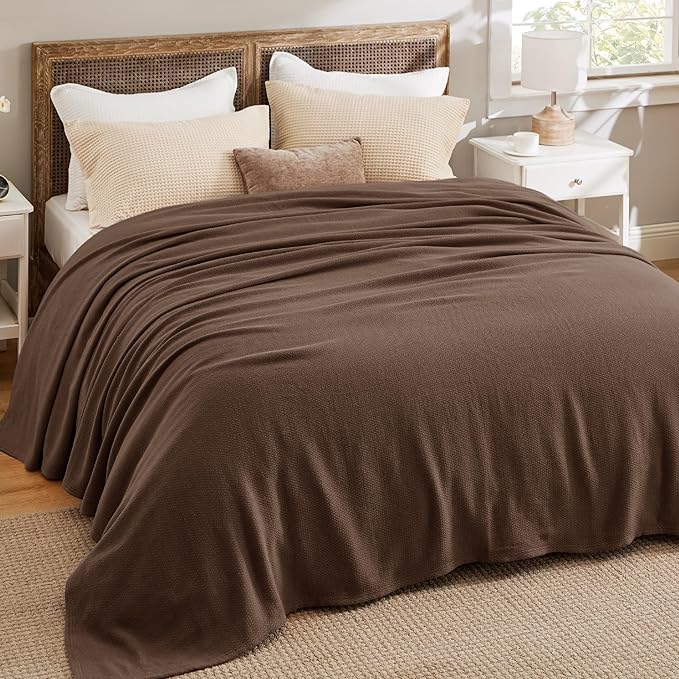 Bedsure GentleSoft 100% Cotton Blanket Queen Size for Bed - Breathable and Lightweight, Soft Cozy Textured Herringbone Woven Blanket for Summer, Brown, 90x90 inches
