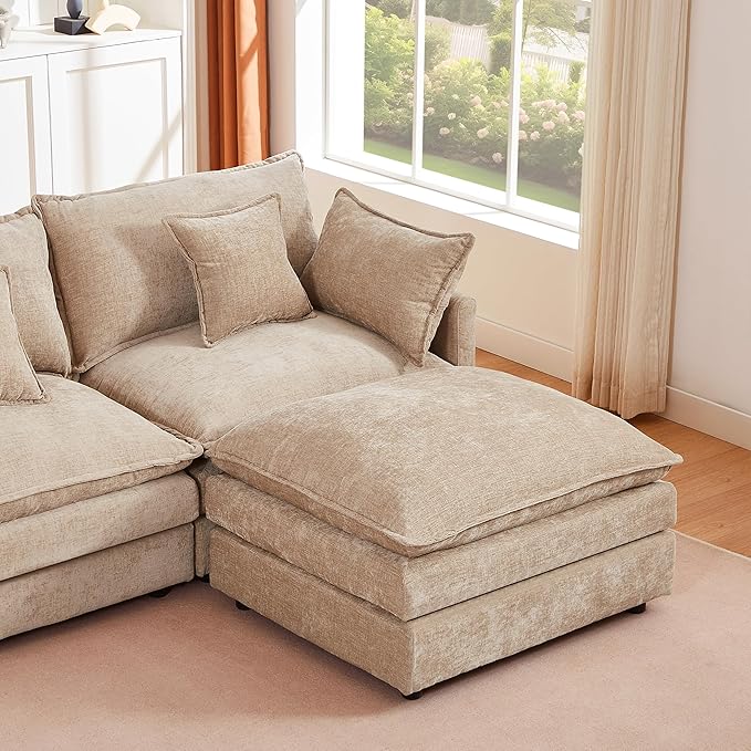 Eafurn Oversized Reversible Modular Sectional Sofa with Movable Ottoman, 4 Seater Convertible L Shaped Corner Couch Modern Chenille Sofa Set w/Double Layers Seat Cushions for Living Room Apartment