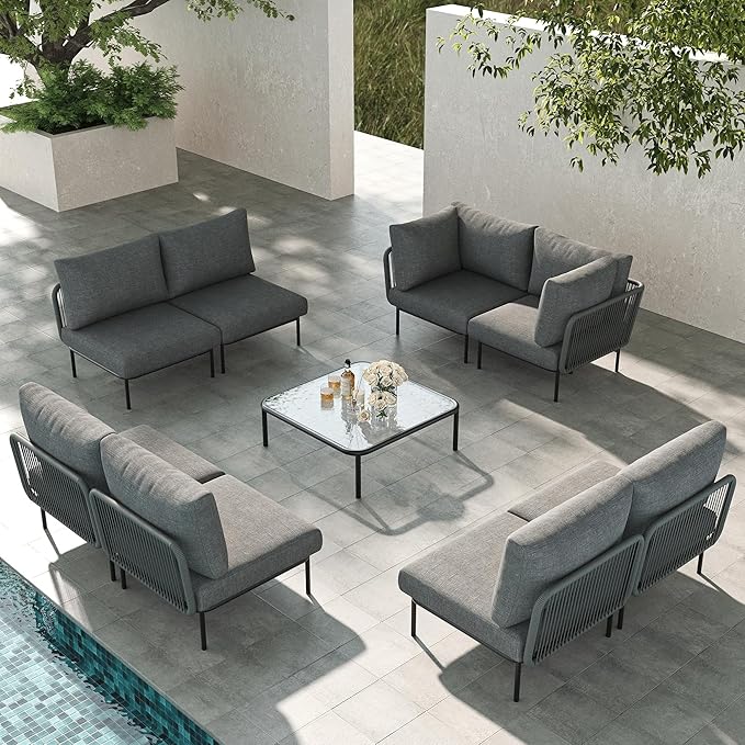 LayinSun 9 Pieces Aluminum Patio Furniture Set, Modern Modular Sectional Sofa with Coffee Table and Upgrade Thickness Cushion