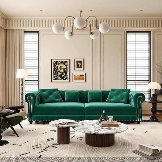 Eafurn 3 in 1 Oversized Chesterfield Loveseat Sofa Convertible Pull Out Sleeper Sofabed King Size Couch Bed w/Movable Ottoman and Nailhead Trim for Living Room Tufted Velvet Recliner Daybed Sofacama