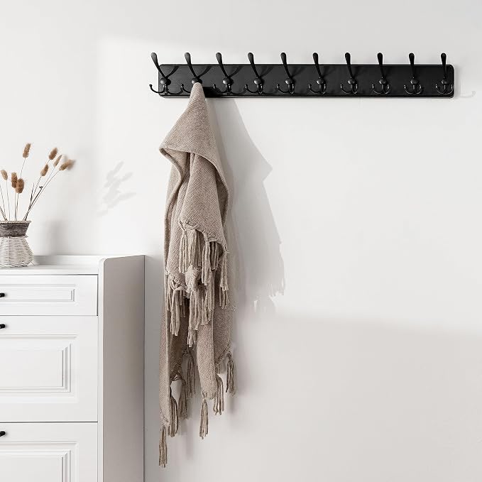 SKOLOO Coat Rack Wall Mounted - 38.3'' Long, Wooden, Heavy Duty, Rustic Coat Hooks for Wall, 16'' Hole to Hole, Wall Coat Rack with 10 Triple Hooks for Hanging Clothes, Jacket, Hat(Black) - Image 2