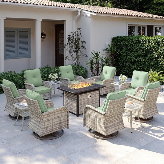 13Pcs Patio Rocking Swivel Chair with 55,000 BTU Fire Pit Table Outdoor Wicker Rattan Bistro Set with Tempered Glass Side Table, Patio Furniture Set for Garden and Balcony, Light Green