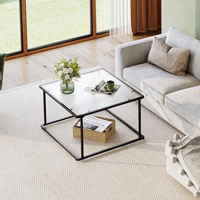 WLIVE Glass Coffee Table, Small Modern Coffee Table for Living Room with Wave Textured Glass & Metal Frame, Square Center Table for Small Spaces Apartment, Office, 26.4 x 26.4in, Dark Black