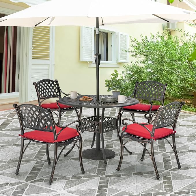 NUU GARDEN 5 Piece Patio Dining Set, Cast Aluminum Outdoor Dining Sets with Red Cushions, Round Patio Dining Table with Umbrella Hole for Garden, Backyard, Balcony, Black with Bronze Edge - Image 3