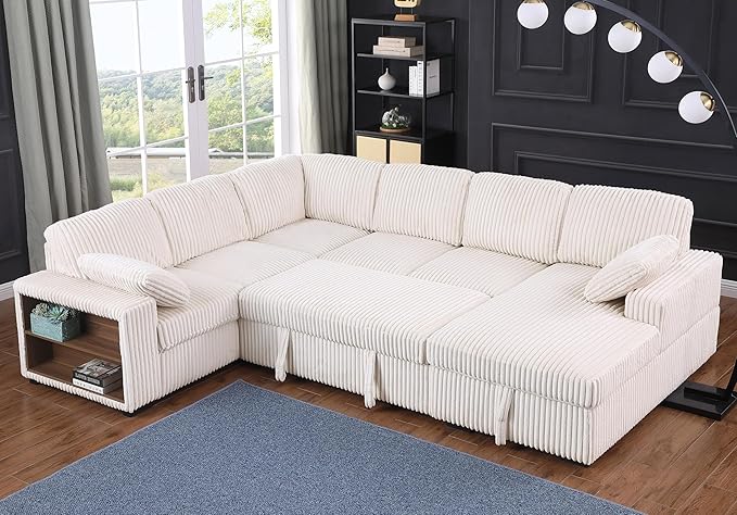 6 Seater Oversized U Shaped Sleeper Sectional Sofa Pull Out Couch Bed, Comfy Corduroy Upholstered Convertible Pullout Lounge Sofa Sofabed w/Storage Chaise, Shelves for Living Room Apartment
