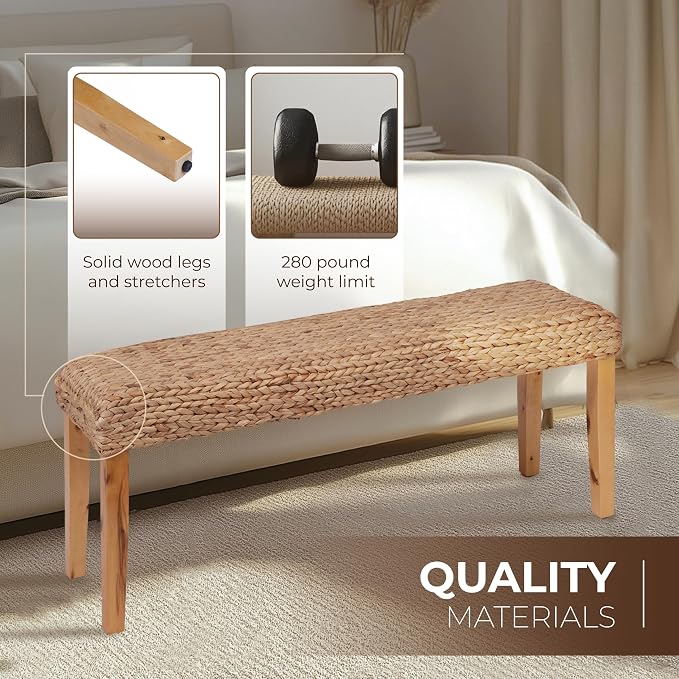Solid Wood Acacia Indoor Bench with Natural Woven Seat, 47 Inch Wood Bench for Living Room or Entryway Benc, Bedroom End of Bed Bench or Dining Benches, Window Bench (Fishbone, Water Hyacinth) - Image 9