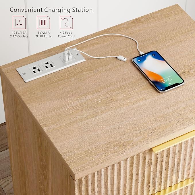 Fluted Night Stand, 20 inch Modern Nightstand with Charging Station Wood Bedside End Table with 3 Large Storage Drawers, Tall Side Table for Bedroom Sofa Office, Oak Natural - Image 5