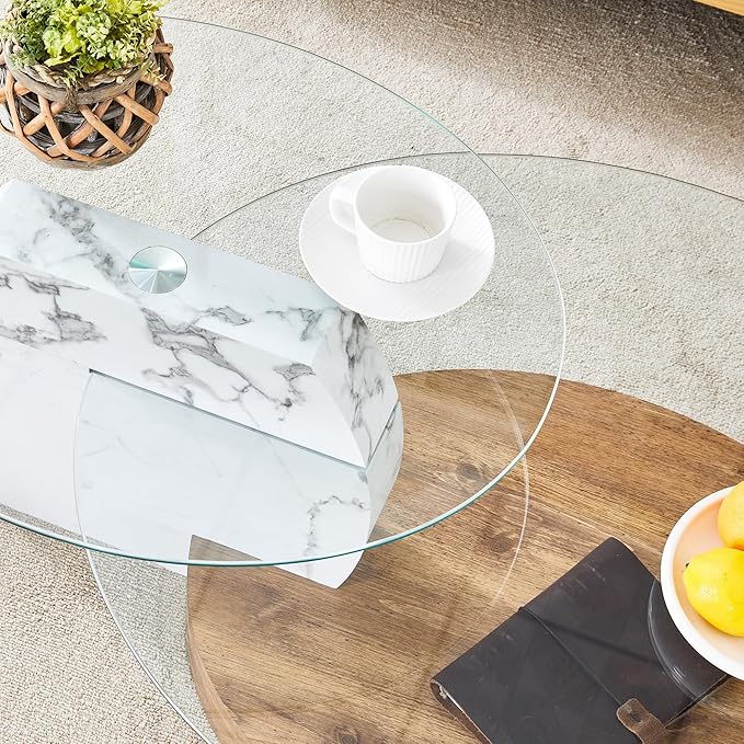 Ebullient Glass Coffee Table, 47" Oval Coffee Table, 2-Tier Glass Tabletop with Wood Base, Easy to Maintain and Assemble, Ideal for Dining Room, Living Room