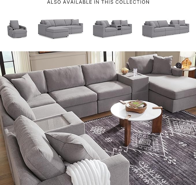 Signature Design by Ashley Modmax Casual Modular Stain Resistant 3-Piece Sectional with Storage Console, Drawer and 2 Accent Pillows, Gray