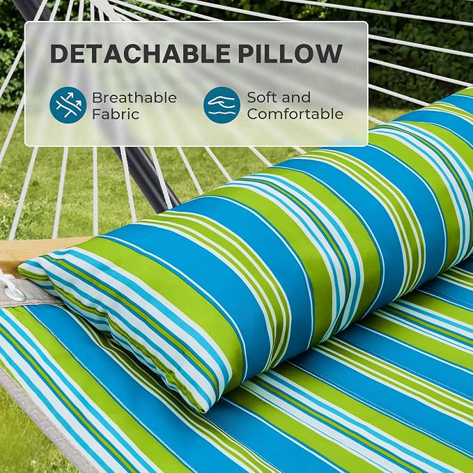 SUPERJARE Curved-Bar Hammock with Stand, 2 Person Heavy Duty Hammock Frame, Detachable Pillow & Portable Carrying Bag, Perfect for Outdoor & Indoor, Thin Blue and Green Stripes - Image 4