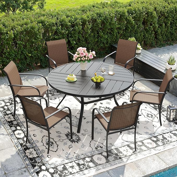 DIFY Patio Dining Set for 6, 7 Piece Outdoor Table and Chairs Set, 47.2" Black Round Metal Patio Dining Table and 6 Brown Textilene Stackable Patio Chairs, for Backyard Garden Poolside by DIFY