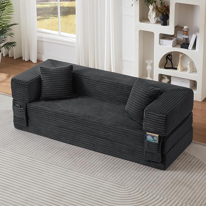 Ball & Cast Modern Upholstered Sofa with 2 Pillows,Boneless Corduroy Couch W/Deep Seat,Convertible Folding Sleeper Sofa Bed for Living Room,Bedroom,Apartment,No Assembly,Dark Gray,78"