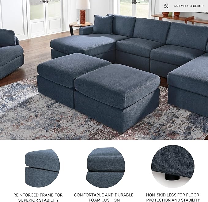 Signature Design by Ashley Modmax Contemporary Stain Resistant Square Oversized Accent Ottoman with Non-Skid Legs, Blue