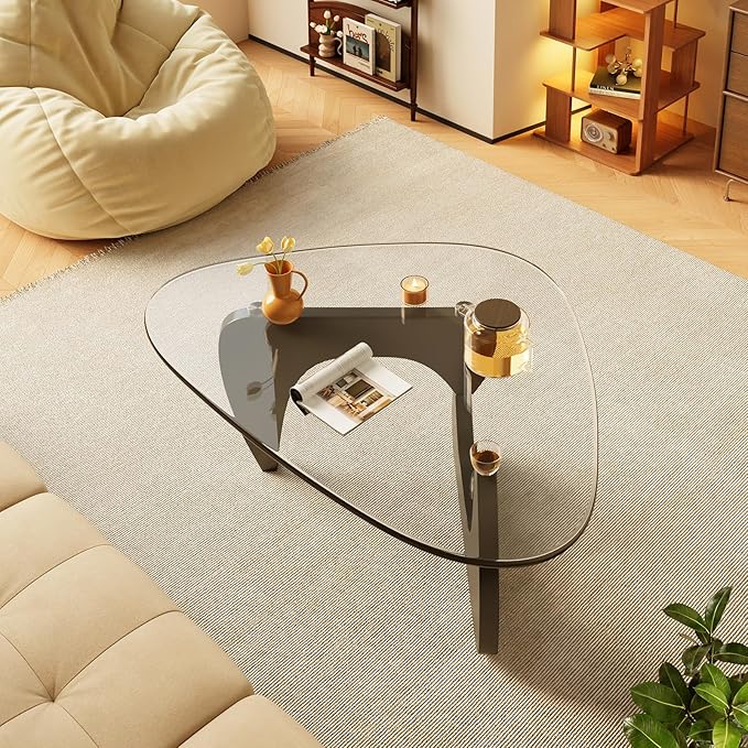 Coffee Tables Glass Small Farmhouse Coffee Table Mid-Century Modern Wood Center Table for Living Room, Black Transparent, 32 Inch