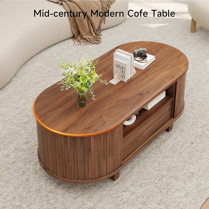 47" Oval Coffee Table, Tambour Design Coffee Tables for Living Room, Mid Century Modern Wood Coffee Table, 3-Tier Accent Center Table with Storage, Large Drawer, Walnut