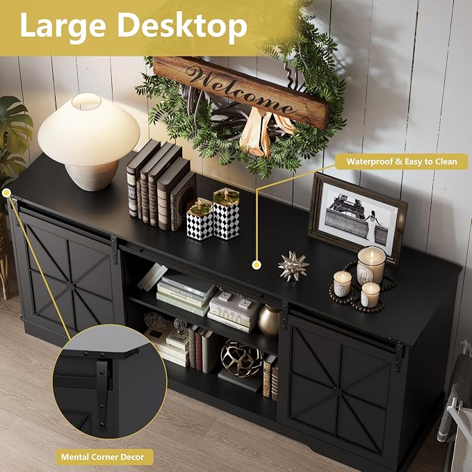 Farmhouse TV Stand for 65/60/55 Inch Tvs, Rustic Entertainment Center with Storage Cabinets & Sliding Barn Doors, Modern Media Console Table, Wood Television Furniture for Living Room, Bedroom, Black - Image 5