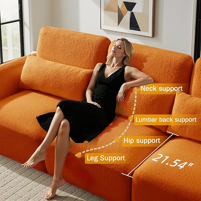 Sectional Sofa Couch, Modern U Shaped Sectional Couch with Ottoman, Modular Sectional Sofa Cloud Couches for Living Room (Orange, 4 Set + 2 Ottoman)