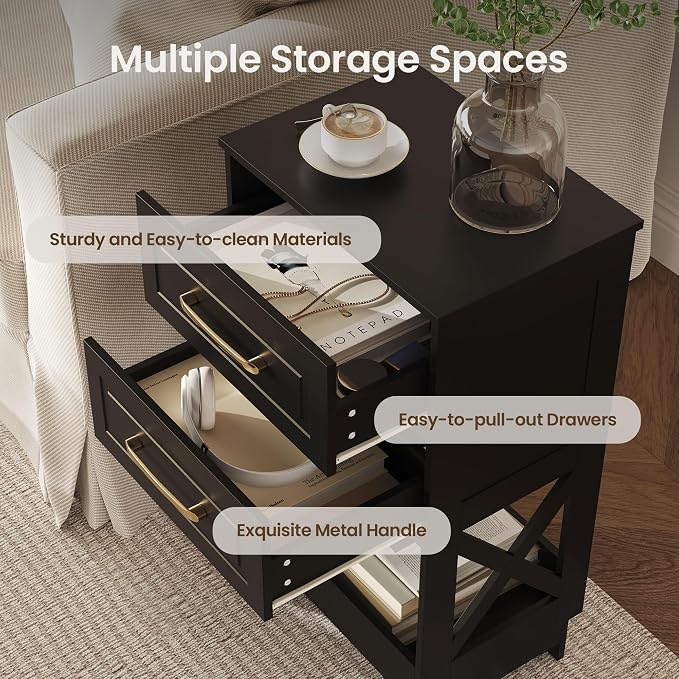Tall Nightstand Set of 2 Side Table with 2 Drawers Modern Night Stand Wooden End Table Bedside Table with Below Open Shelf Solid Feet for Bedroom Black - Image 4