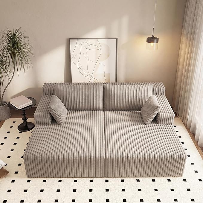 71-Inch Fluffy Corduroy Boneless Sleeper Daybed Loveseat Double Recliner Chaise Lounge Sofa Couches, Floor Cloud Sofa Chaise W/4 Pillows for Home Apartment Living Room