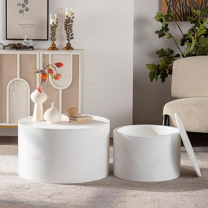 kevinplus 46.46'' White Round Coffee Table Set of 2 with Storage Space, Modern Circle Fluted Drum Nesting Coffee Table for Living Room, No Assembly, White